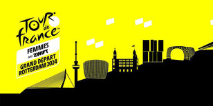 Getekend silhouet van markante Rotterdamse gebouwen zoals de Euromast en de Markthal. Daarboven tekst: Tour de France Femmes, grand départ Rotterdam 2024